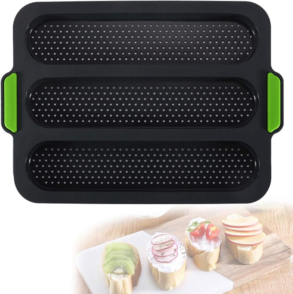 Siliconen bakvorm voor baguettes - Broodbakvorm - Siliconen Baguette Bakvorm - 3-Vaks - Non-Stick - Zwart & Groen Stokbrood Bakplaat - Frans Brood Vorm - Bakmat - Ovenbestendig - Siliconen Broodvorm