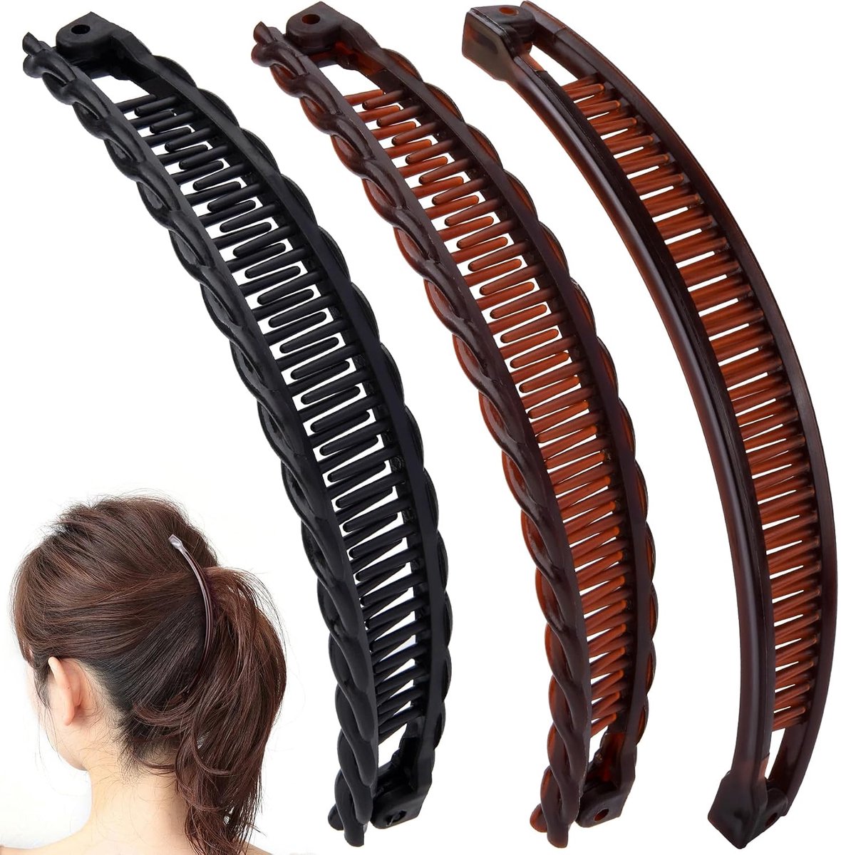 Haarclipset 3-delig - Grote, stevige clip met dubbele kam - Antislip - Geschikt voor steil en krullend haar - 1 zwarte en 2 bruine