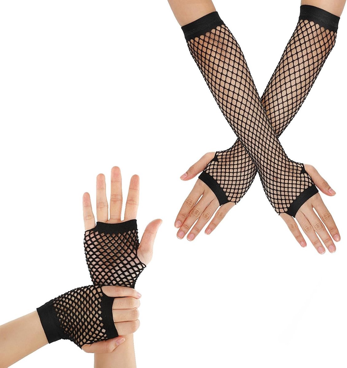2 Paar Neon Roze Visnet Handschoenen voor Vrouwen - Lange en Korte Vingerloze 80s Retro Party en Disco Accessoires