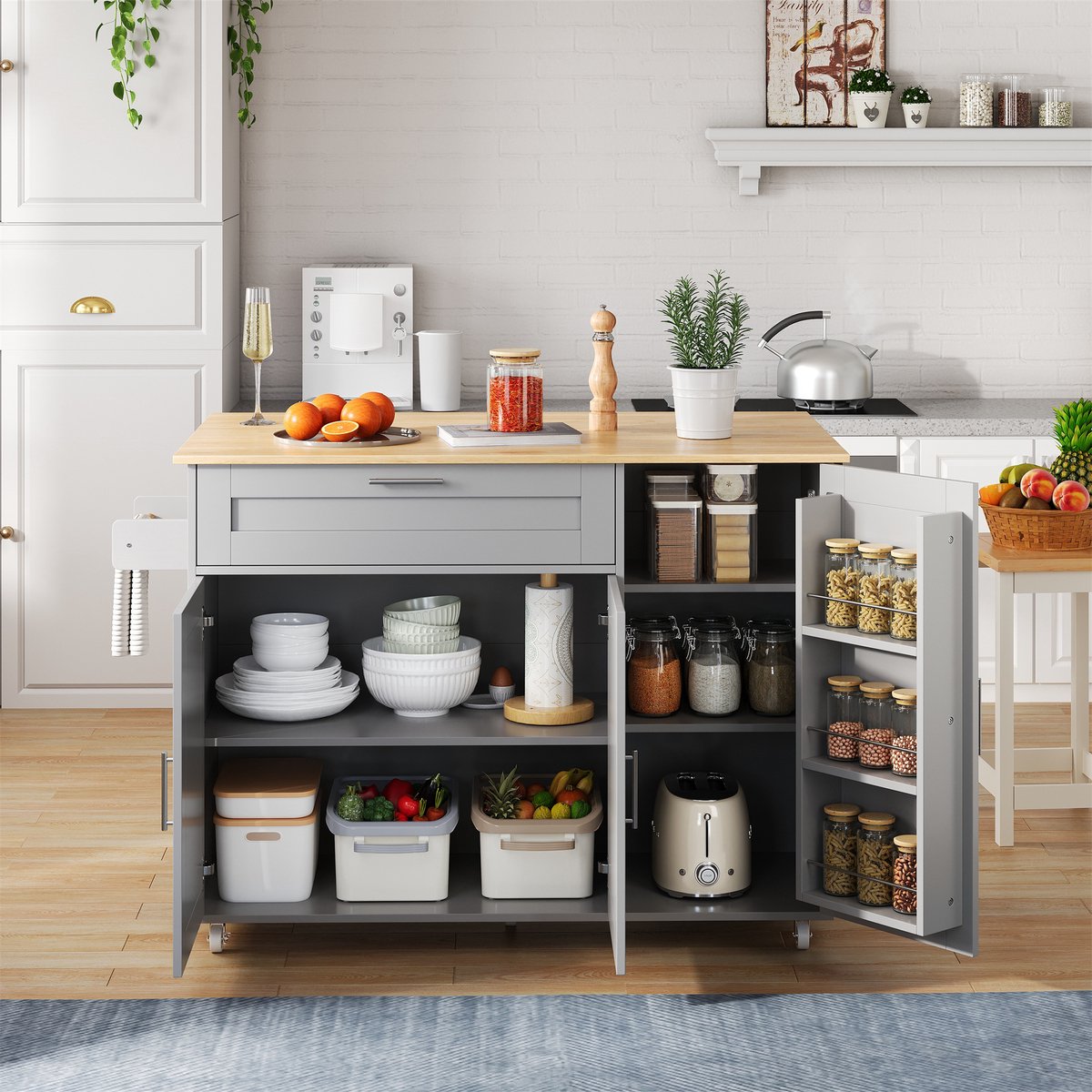 COVREO keuken eilandwagen 132,5 x 44/70 x 90 cm - opklapbaar werkblad, grijs, MDF, 5 wielen