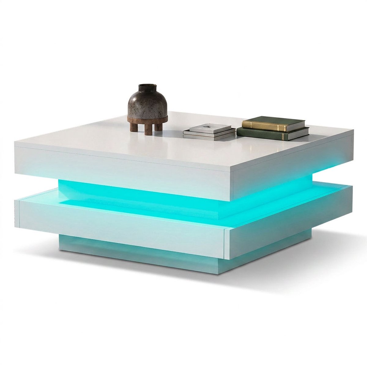 Salontafel-Hoogglans salontafel wit – 100 x 50 x 32 cm – Glazen blad, lade en ledverlichting
