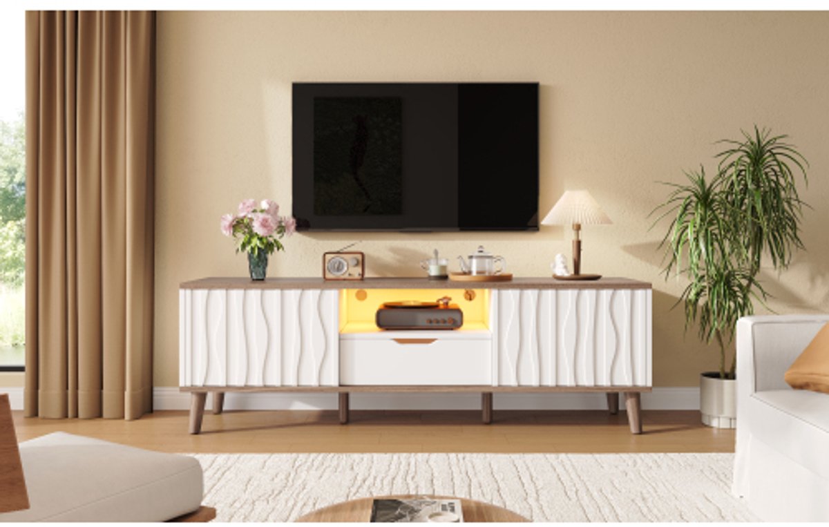 Wit TV-Meubel 160 cm met RGB LED-Verlichting – Moderne Multimedia TV-Kast met Schuifdeuren – Voor TV tot 70 Inch