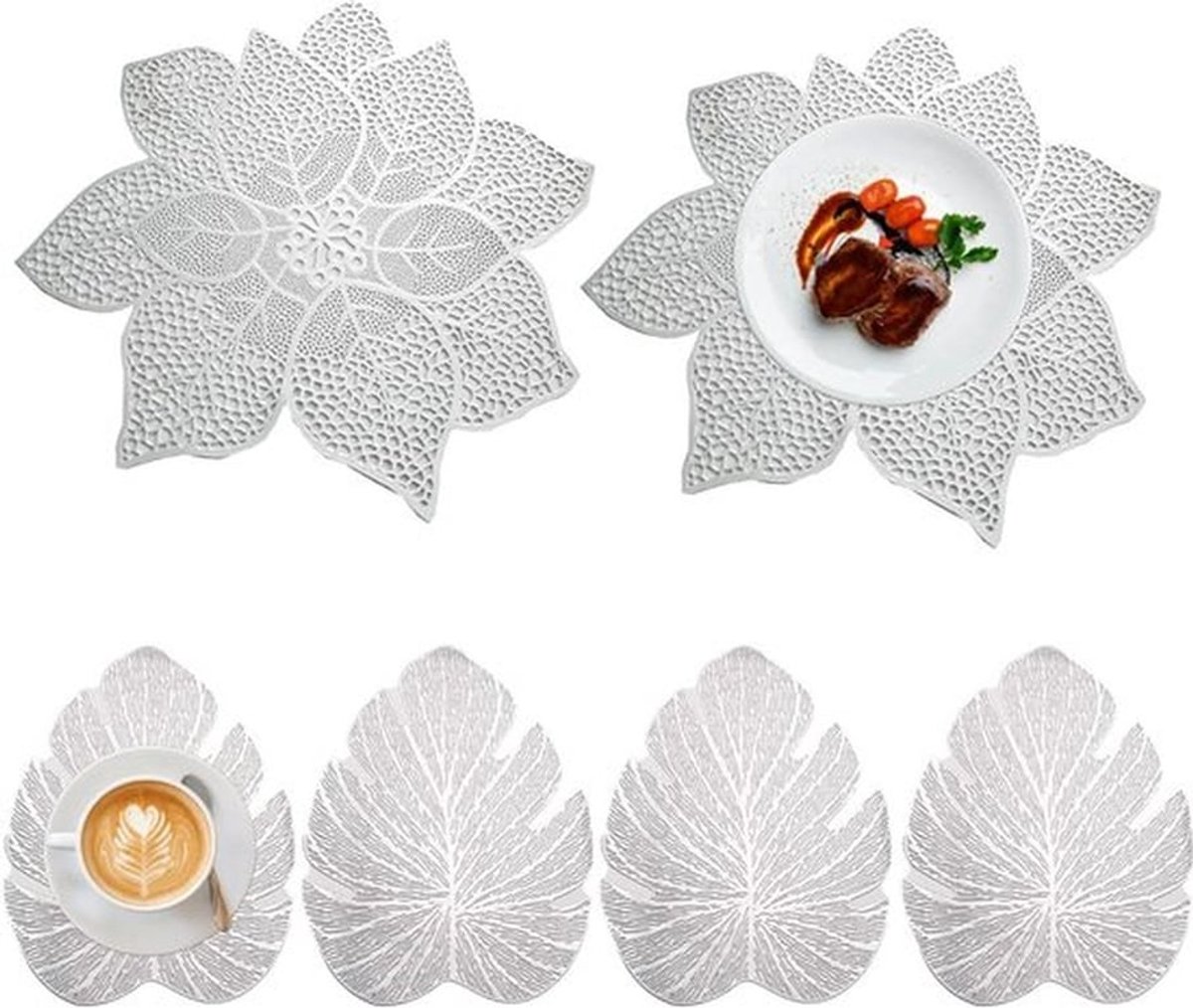6-delige set ronde zilveren placemats en onderzetters van antislip materiaal met uitgeholde bladeren, beschermend tegen krassen en decoratief voor elke tafel