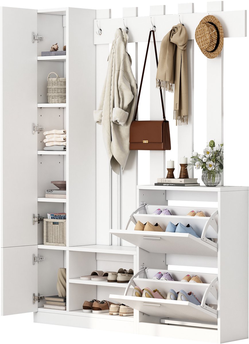 Witte garderobeset met spiegel-kast en hangrek – 135×25×180 cm – inclusief 2 schoenenkasten met klapdeuren en 2 opbergkasten – geschikt voor gang en entree