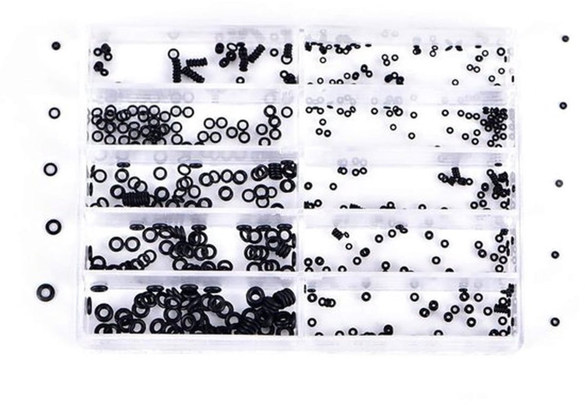 Rubberen o-ring pakking assortiment in zwart geschikt voor horloges, sanitair en kranen, met diverse maten geschikt voor een betrouwbare afdichting en langdurig gebruik