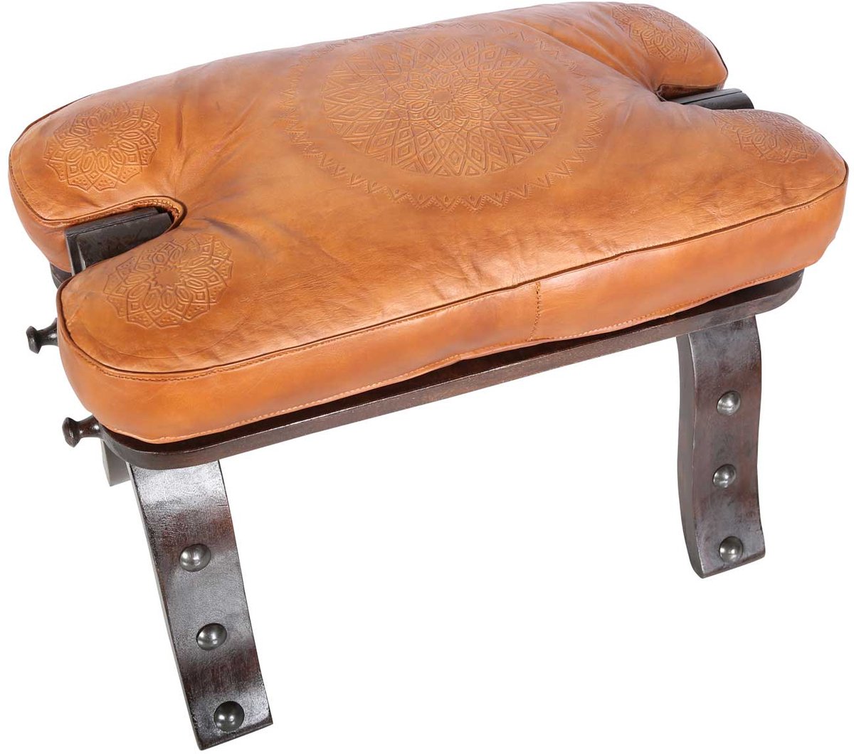 Oosterse kameelkruk – leren zitkruk – Inklapbaar houten frame – 64 × 35 × 40 cm