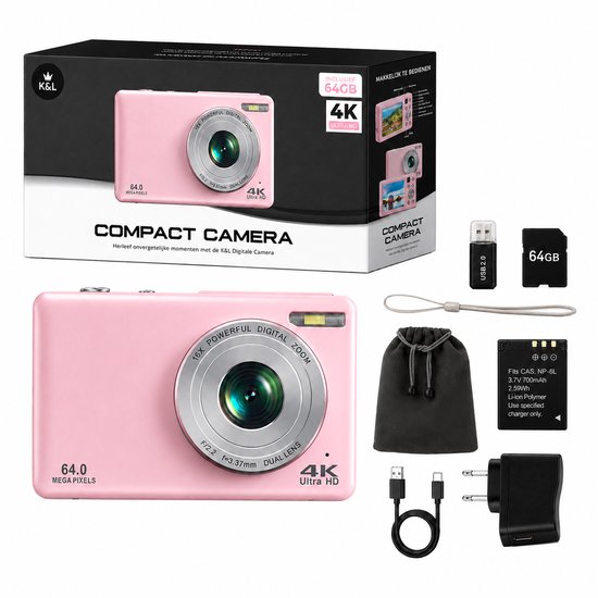 K&L Digitale Camera - 4K Ultra HD & 64MP - 64GB - Fotocamera - Inc. Selfiecamera - Vlog Camera voor Kinderen en Volwassenen - Compact Camera - Foto & Video - Dual Lens - 16x Zoom