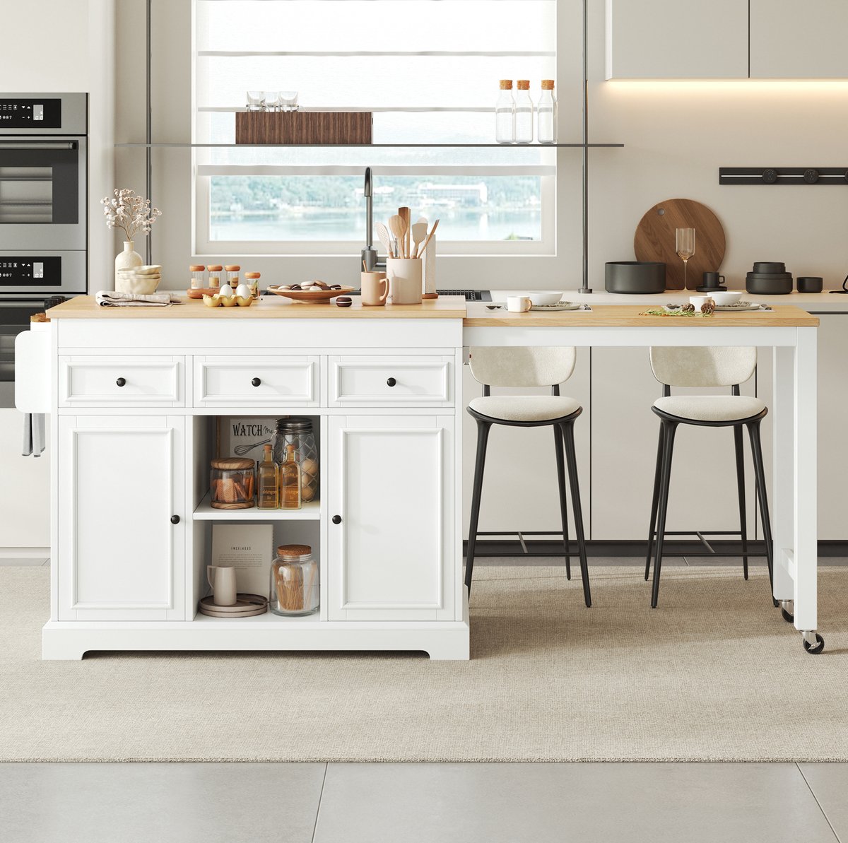 Wishdor - Keukeneiland op wielen - Uitschuifbaar werkblad - Laden en kruidenrek - Modern - Keuken en eetkamer - Houtlook - Wit naturel - 112-188 x 45 x 92 cm