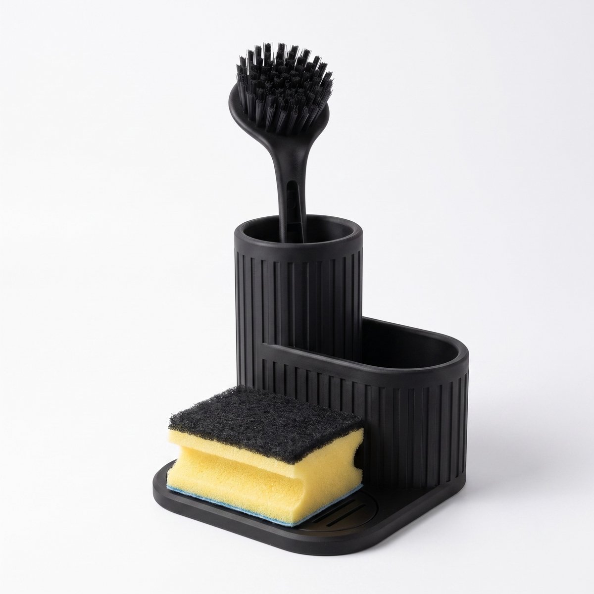 Luxe Gootsteen Organizer met Lekbak – Modern Spons- & Afwasborstel Rek | Mat Zwart | 15 cm