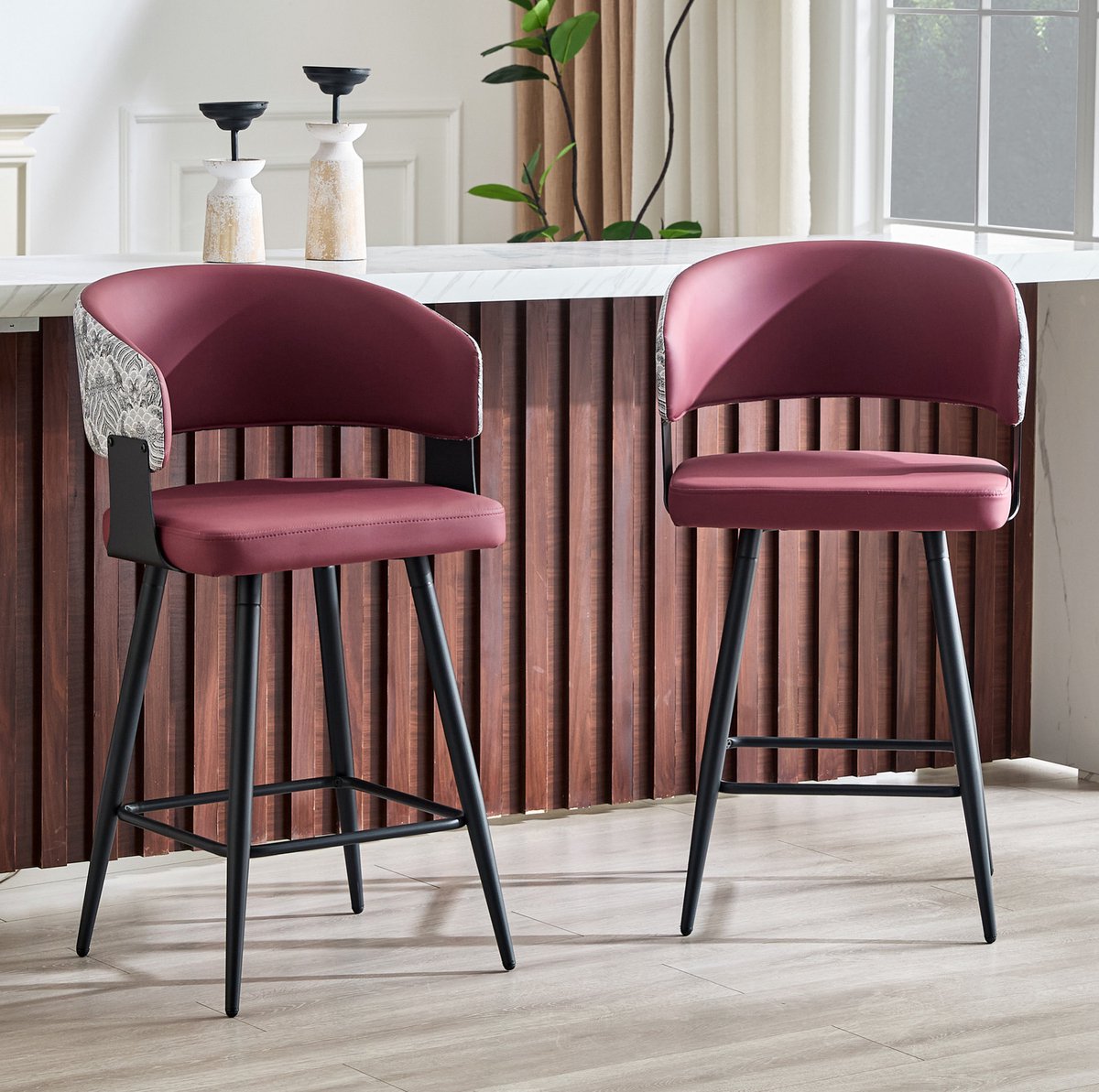 OKWISH Eetkamerstoel - Kuipstoel Met Armleuningen - Set Van 2 - Kunstleer - Metaal - Modern Mid-Century - Rood - Voor Eethoek Of Bar