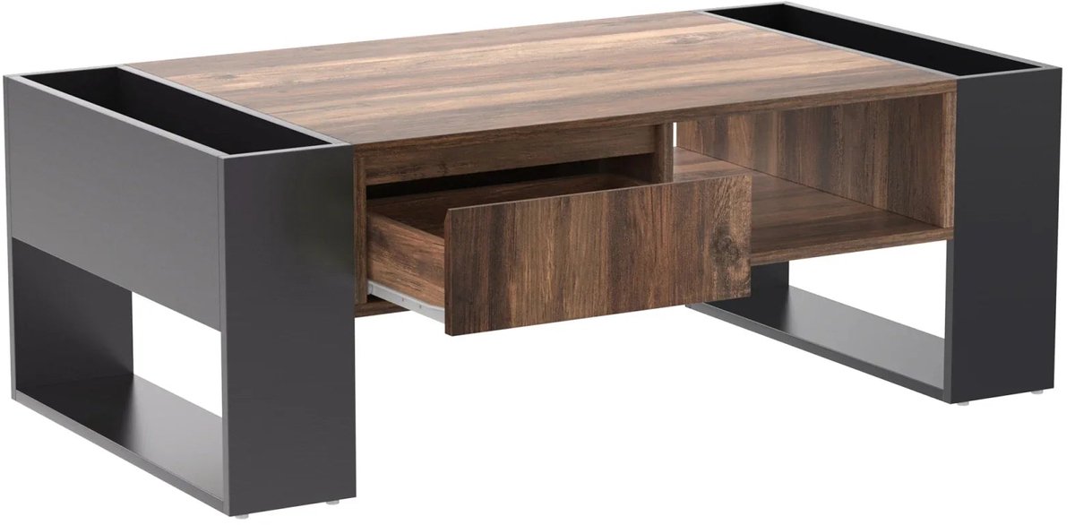 Home & Beyond® Houten Salontafel met Lade, Open Vakken en Opbergruimte - Houtlook en Zwart - 106,4 x 60 x 40 cm