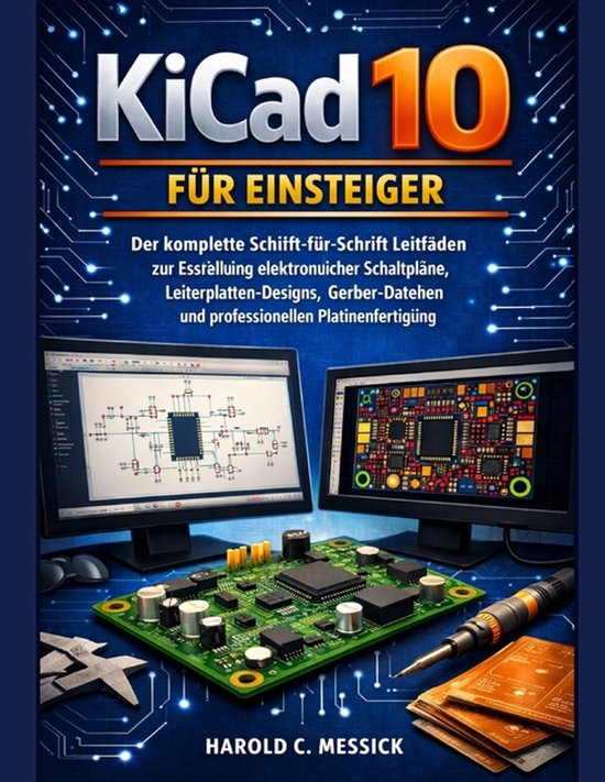Boekomslag 'KiCad 10 voor beginners' met computermonitoren, printplaten en technische diagrammen op een blauwe achtergrond.