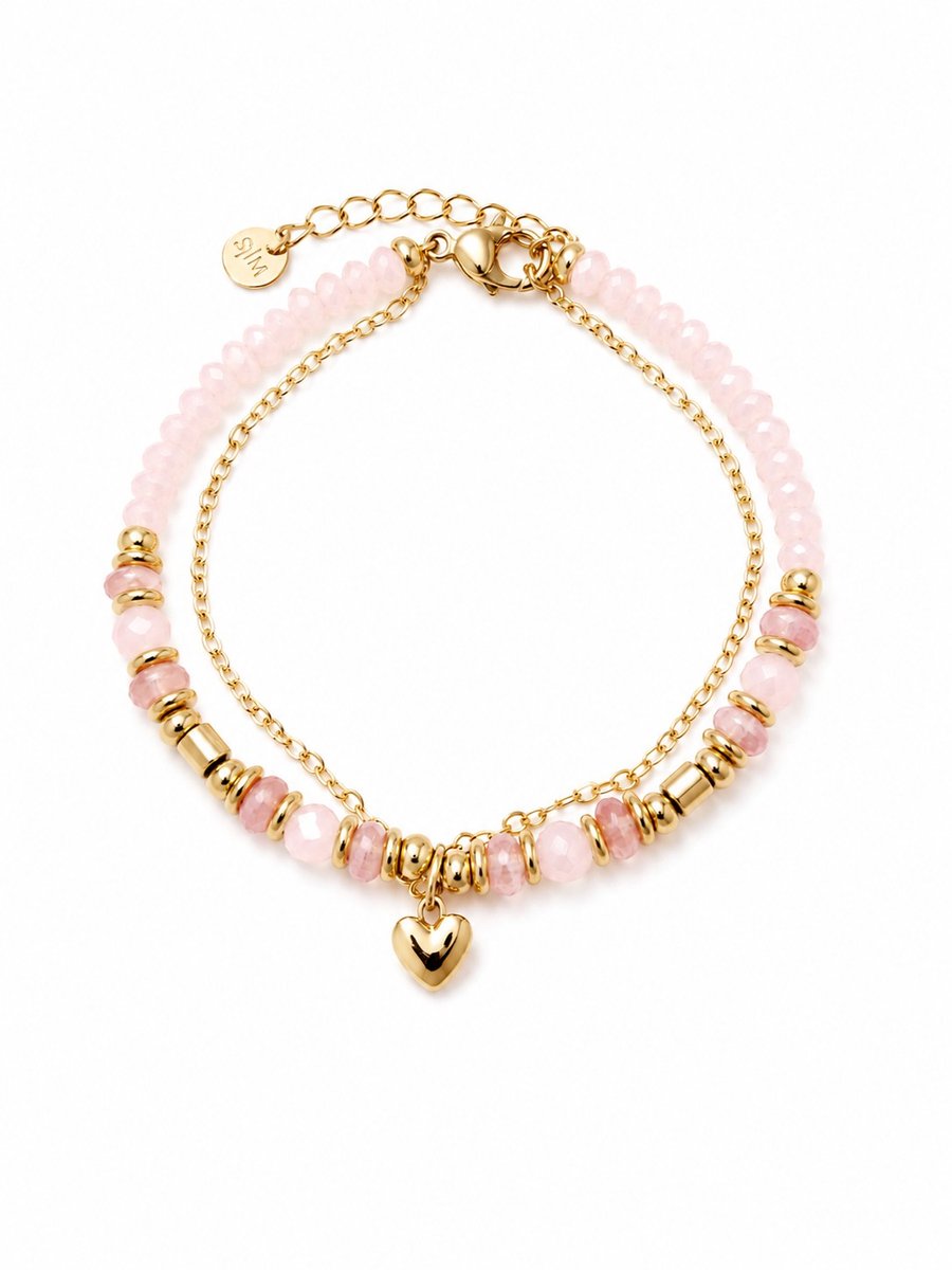Armband Meisje- Goudkleurig- Hartjes armband- Meisjes Armband- Kralenarmbandje Meisje- Roze Kralen- Stainless Steel-Kind- LiLaLove