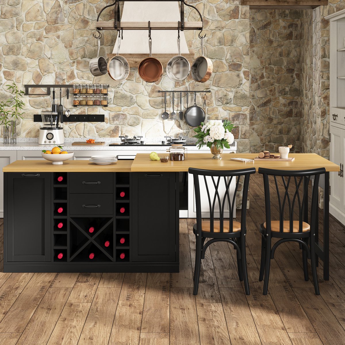 OKWISH Eettafel - 360 Graden Draaibaar En Uitschuifbaar - Keukeneiland Met Opbergruimte - MDF En Metaal Zwart - 120-223x40x73,8 cm