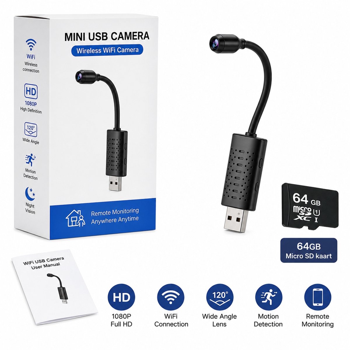 Mini Camera - USB - 64GB - Wifi - Beveiliging - Live App - Spy Cam