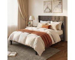 Xbro Gestoffeerd Bed 140 x 200 cm met Hoofdbord en Lattenbodem, Tweepersoonsbed met 20 cm Opbergruimte, Gemakkelijk te Monteren,Beige