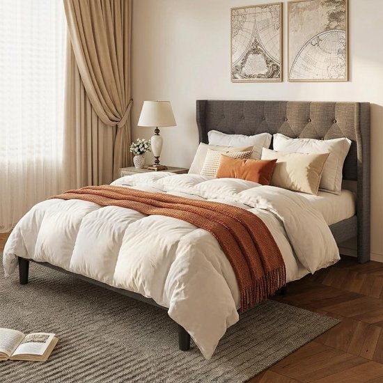 Xbro Gestoffeerd Bed 140 x 200 cm met Hoofdbord en Lattenbodem, Tweepersoonsbed met 20 cm Opbergruimte, Gemakkelijk te Monteren,Beige