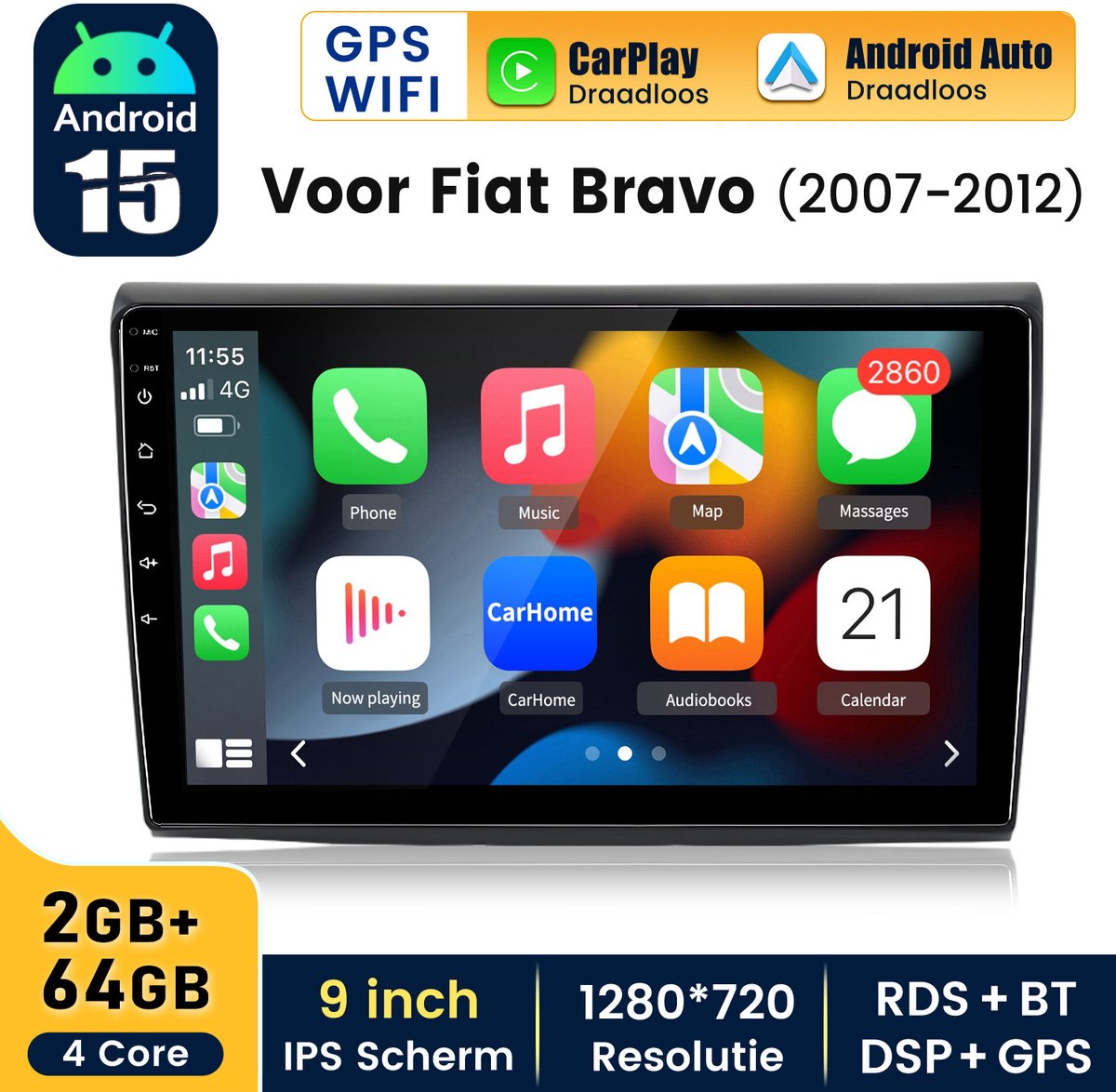Hexinexmarket Autoradio Geschikt Voor Fiat Bravo (2007 - 2012) - Draadloos CarPlay, Android Auto, GPS Navi, multimediaspeler - 2GB+64GB