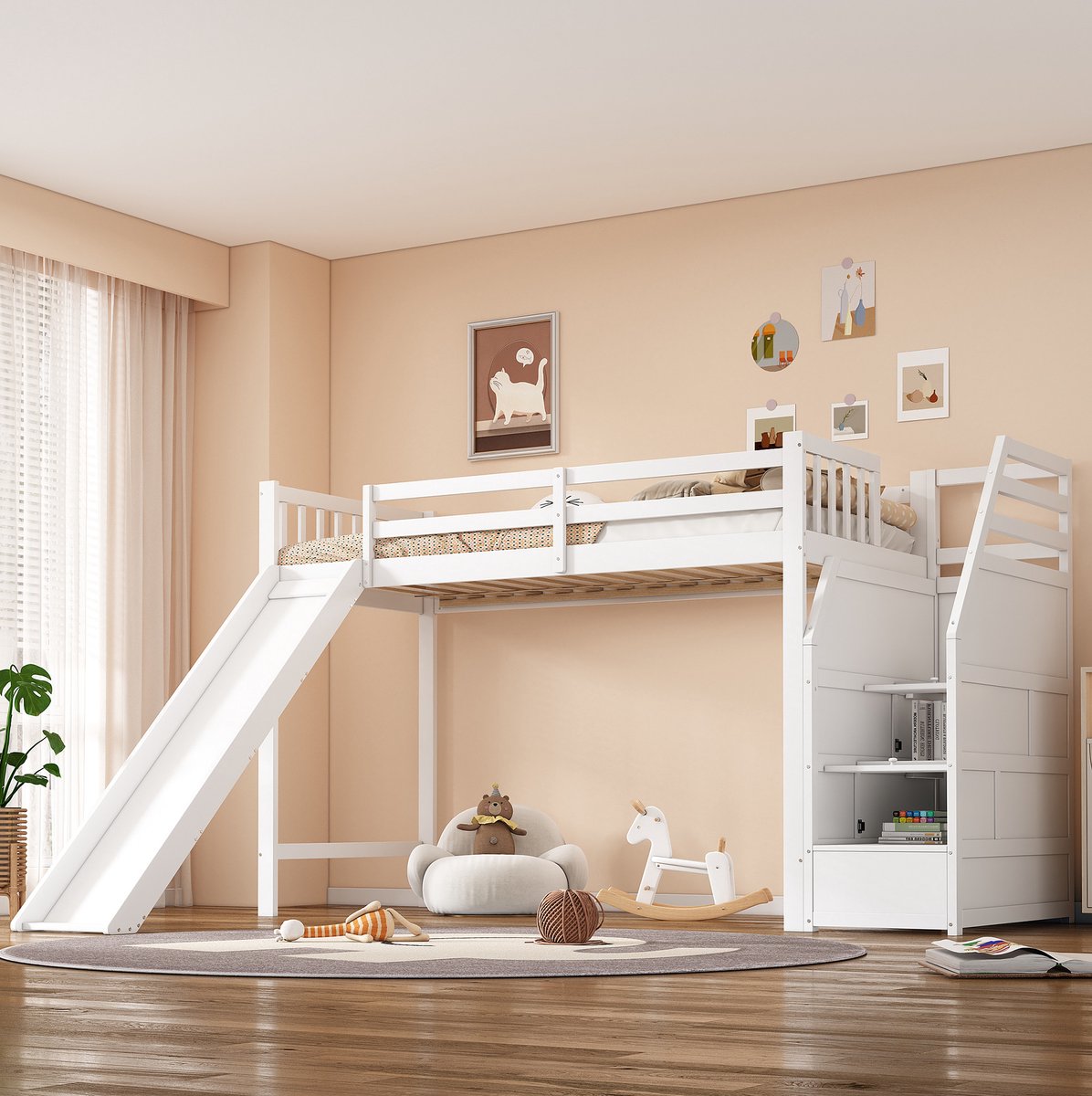 OKWISH Hoogslaper Kinderbed 90x200 Cm - Met Glijbaan En Opbergladder - Met Uitvalbeveiliging En Opbergruimte - Zonder Matras - Wit