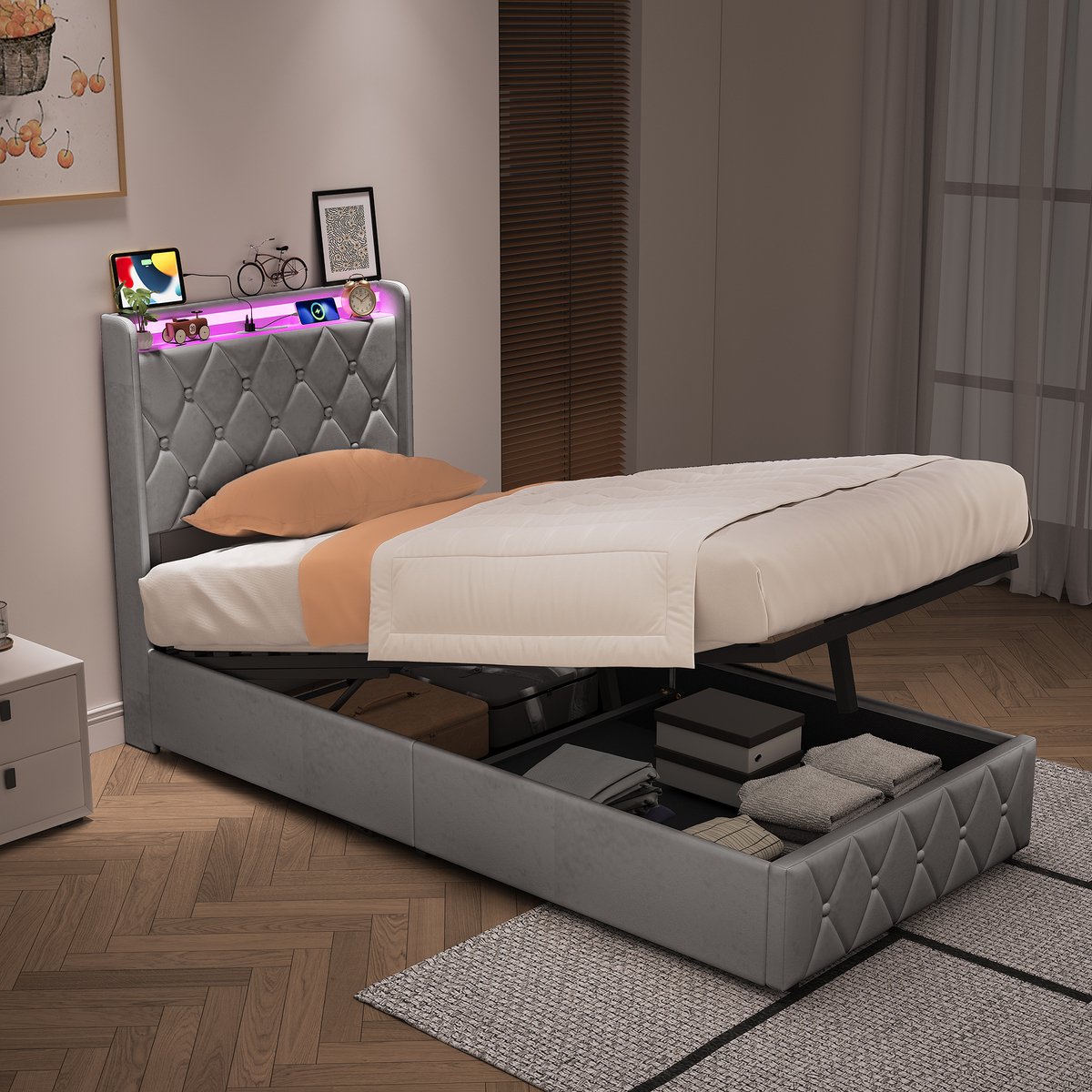 Eenpersoonsbed 90x200 cm met Hydraulische Opbergruimte, Grijs Fluweel, RGB-Verlichting en USB-C