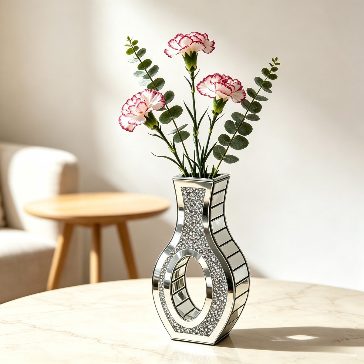 Artloge Tafel Vaas - Zilver Droogbloemenvaas H30 cm - Spiegelende Crushed Diamond - niet voor water