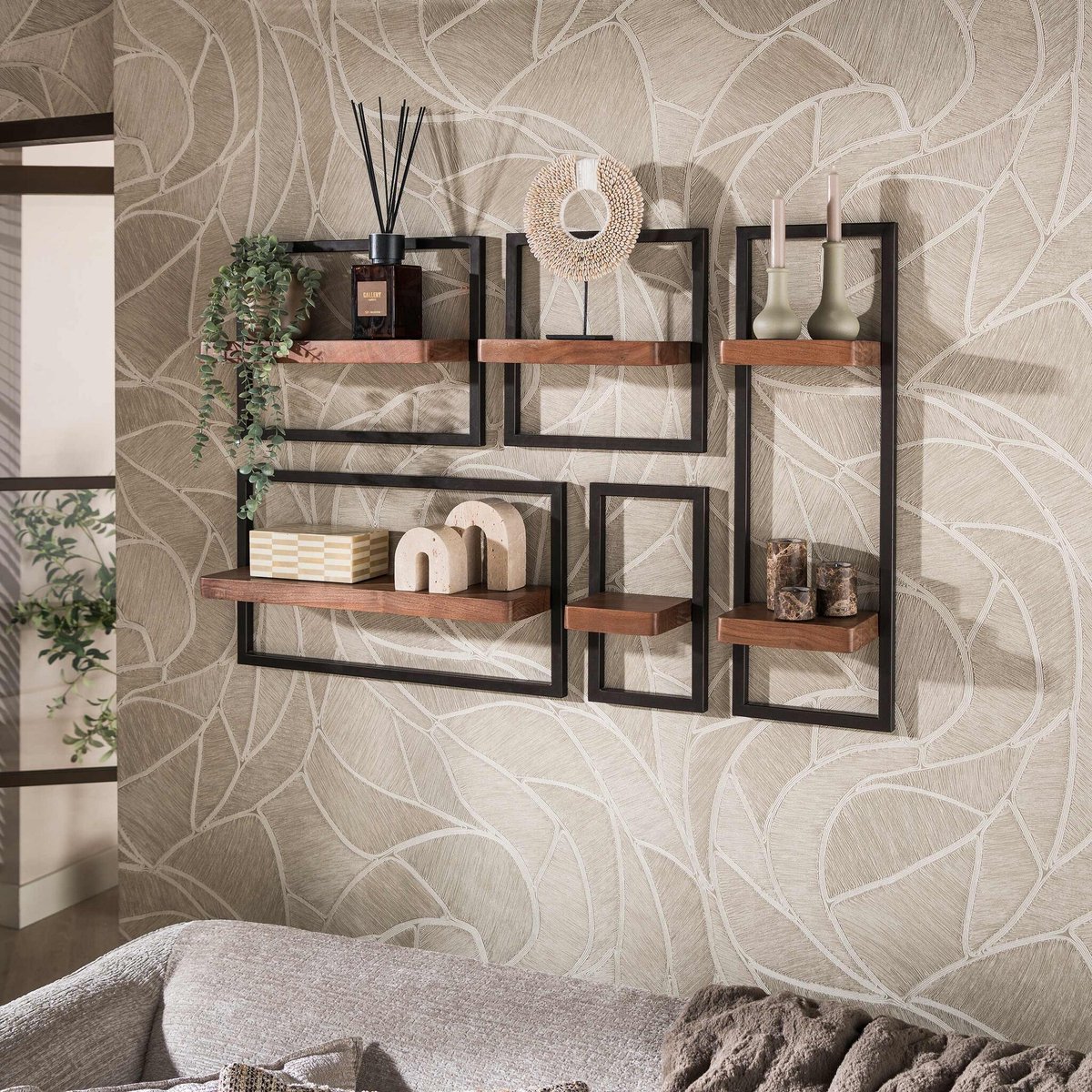 PS-Collection Wandplanken Set van 5 Acaciahout Metaal Bruin - wandplank - wandrek industrieel - wandrek metaal zwart - wandrek rond - wandrekken - wandplank zwevend - wandplank hout - wandkubus - boekenplank