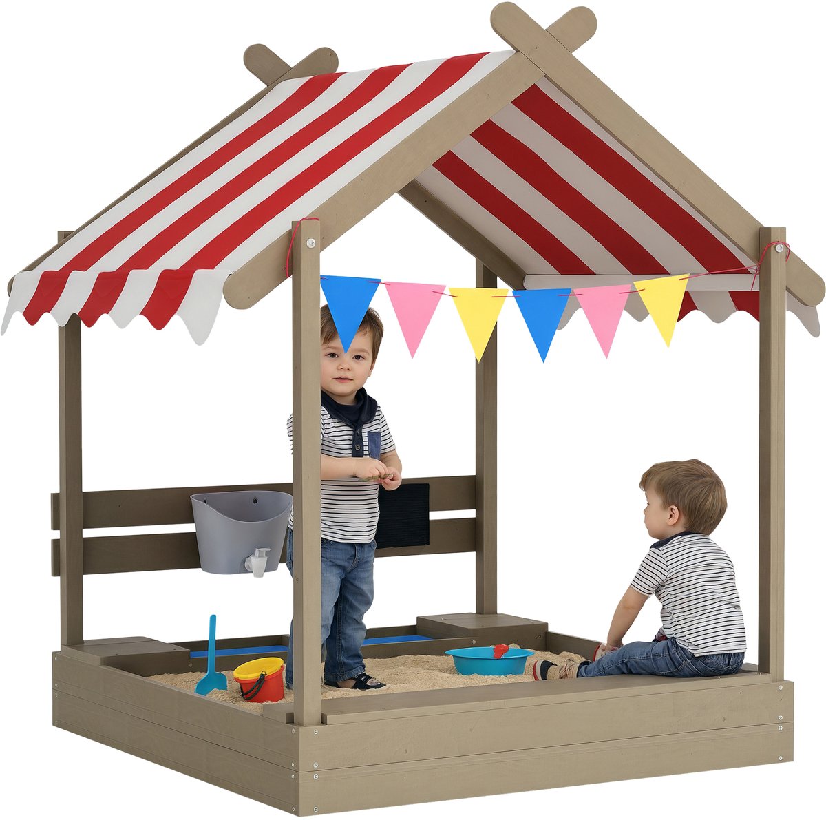 ECTEATOY® Houten Zandbak met Zonnedak en Speelgoed - Speelhuisje Design - Massief Hout - 124x116x146 cm - Grijs