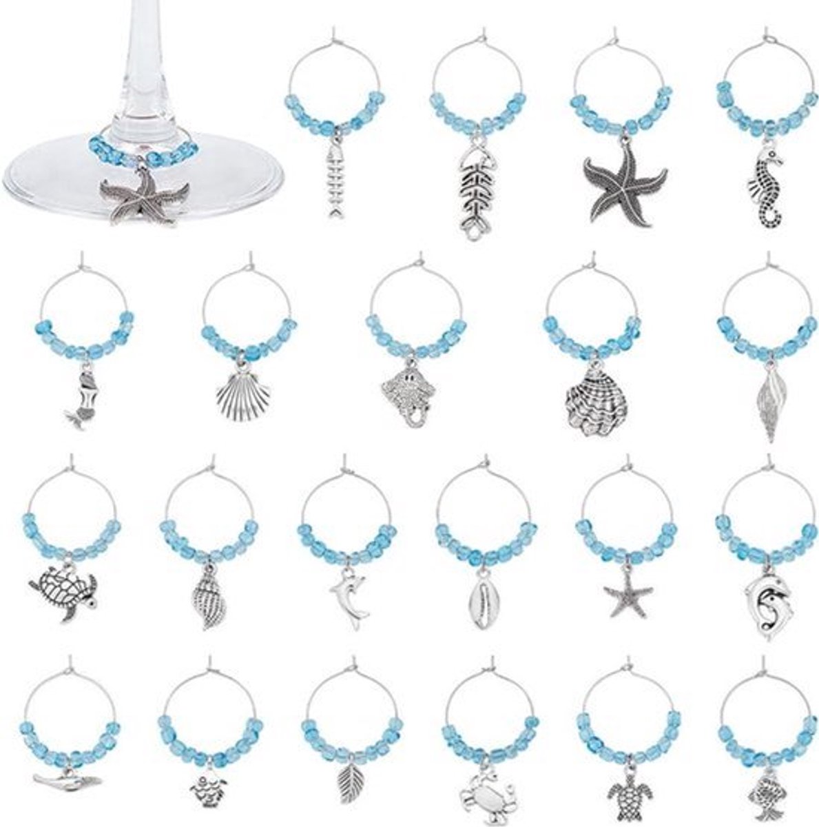 21-delige Set Oceaan Thema Wijnglas Charmes, Schildpad Zeester Conch Decor, Drink Markers voor Glas Identificatie, Wijnproeverij Party Benodigdheden