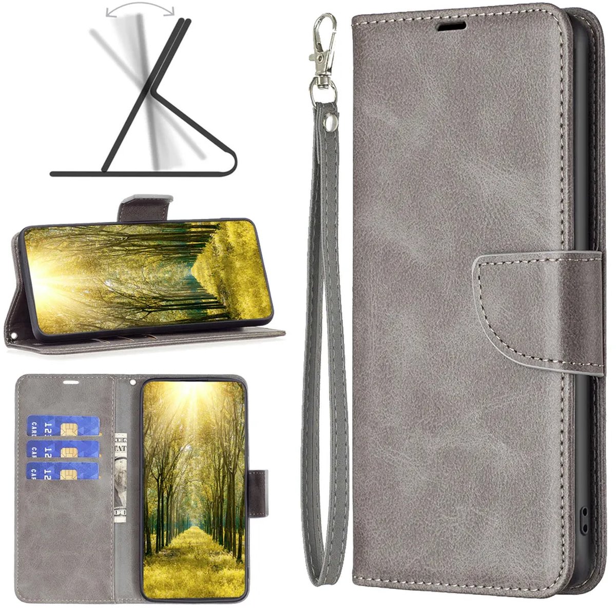 MobyDefend Hoesje - Geschikt voor Motorola Moto G37 / G37 Power / G47 - Wallet Book Case Met Koord - Grijs
