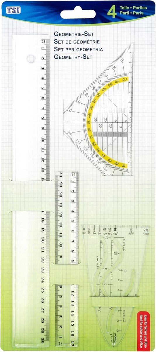 Tekenset 4-delig - Meetinstrumenten set - Tekenen en meten - Compleet met linialen - 30 cm - Transparant