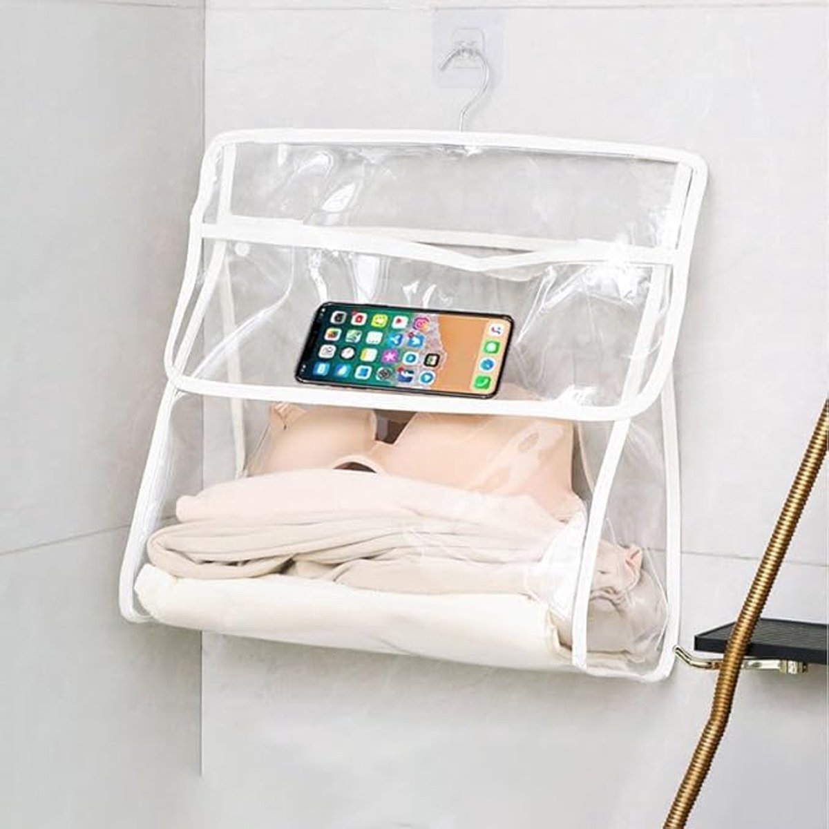Badkamer Organizer Hangend Transparant – Waterbestendige Douche Opbergtas met Metalen Haak – Badkamer Opbergzak voor Kleding, Toiletartikelen en Telefoon – Wit