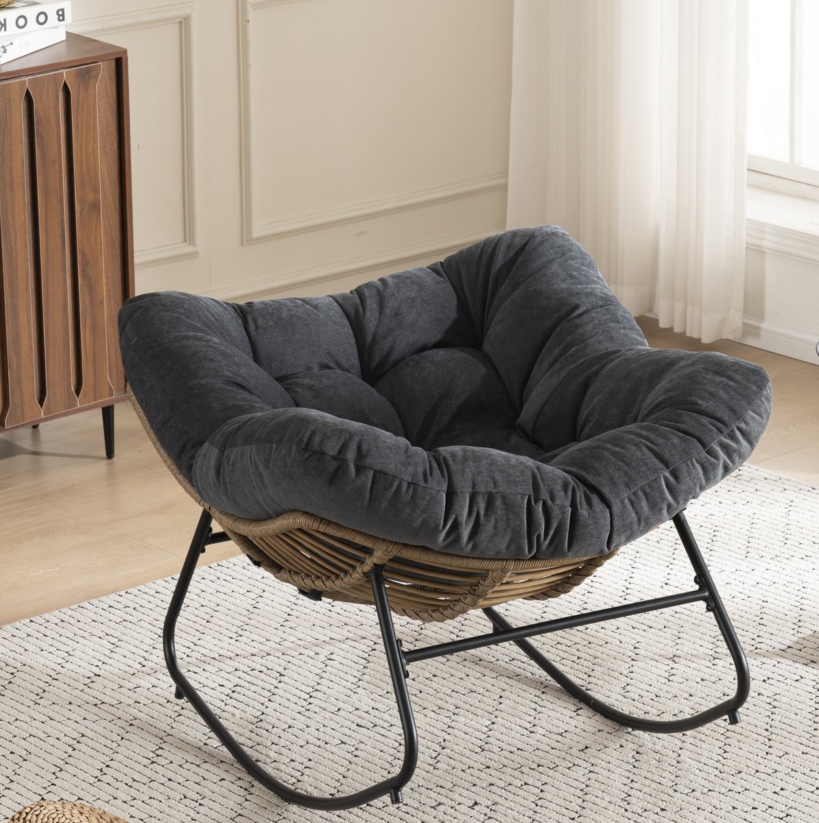 FloraGrace Schommelstoel 95 x 107 x 83 cm - Zachte Chenille Met Metalen Frame - Ergonomisch Comfort Voor Woonkamer Slaapkamer - Zwart