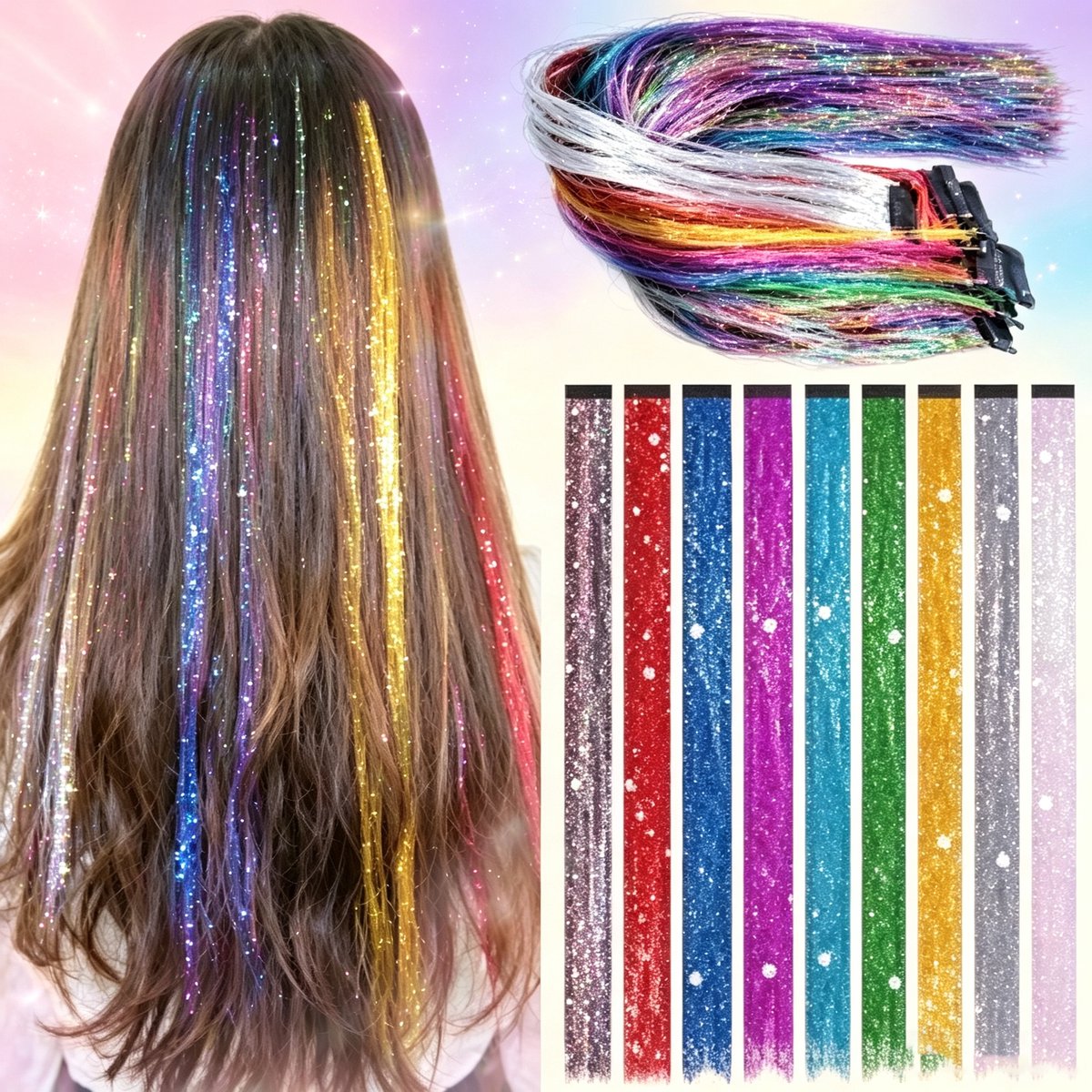 Clip-In Haar Tinsel Extensies 17 Kleuren 24 Inch Warmtebestendige Fee Glans Haarlokken Veilige Glitter Haarverlengingen voor Feesten en Podium