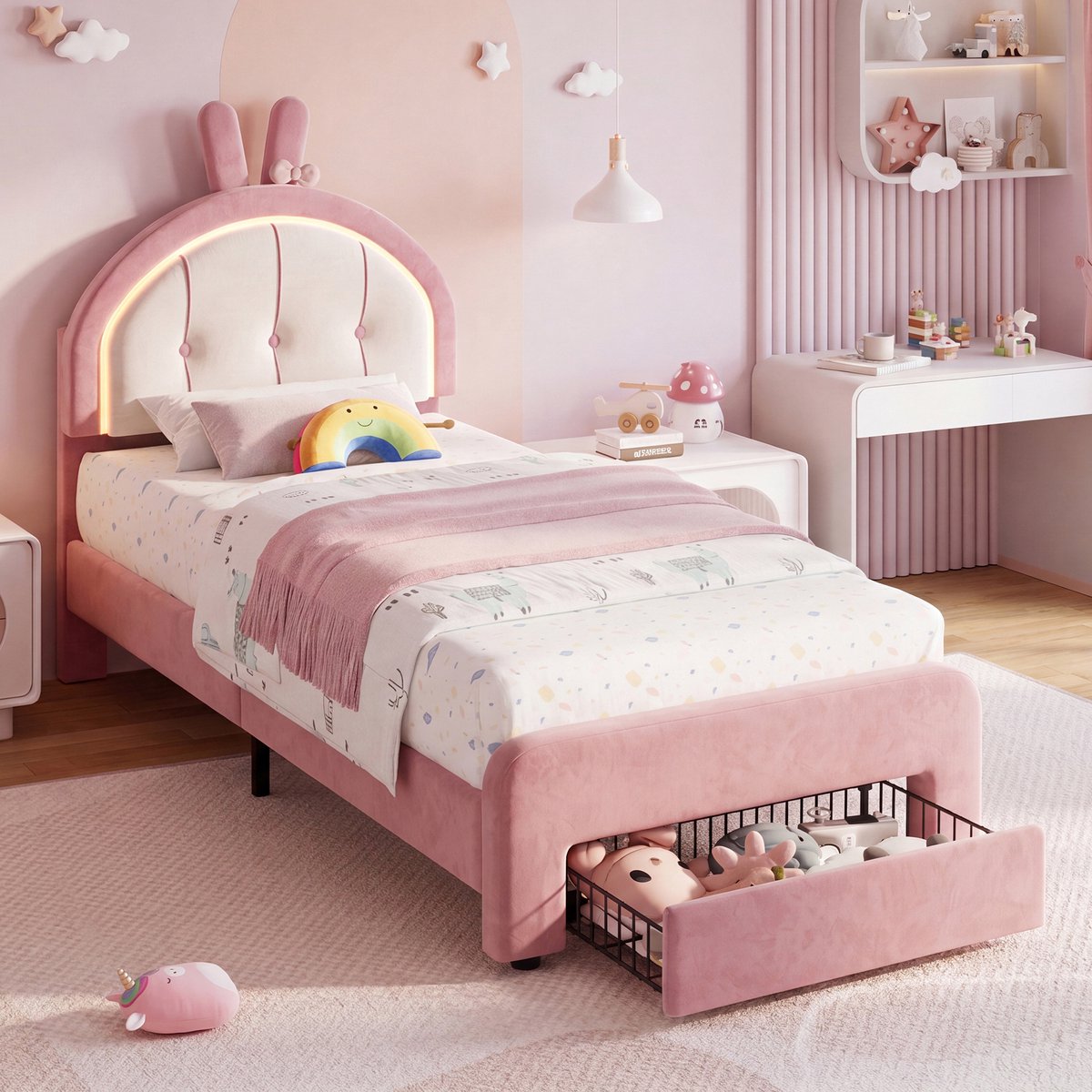 Meisjesbed 90x200 Roze Velvet – Prinsessenbed met LED Verlichting en Konijnen Oren Hoofdbord – Kinderbed met Lade & Lattenbodem