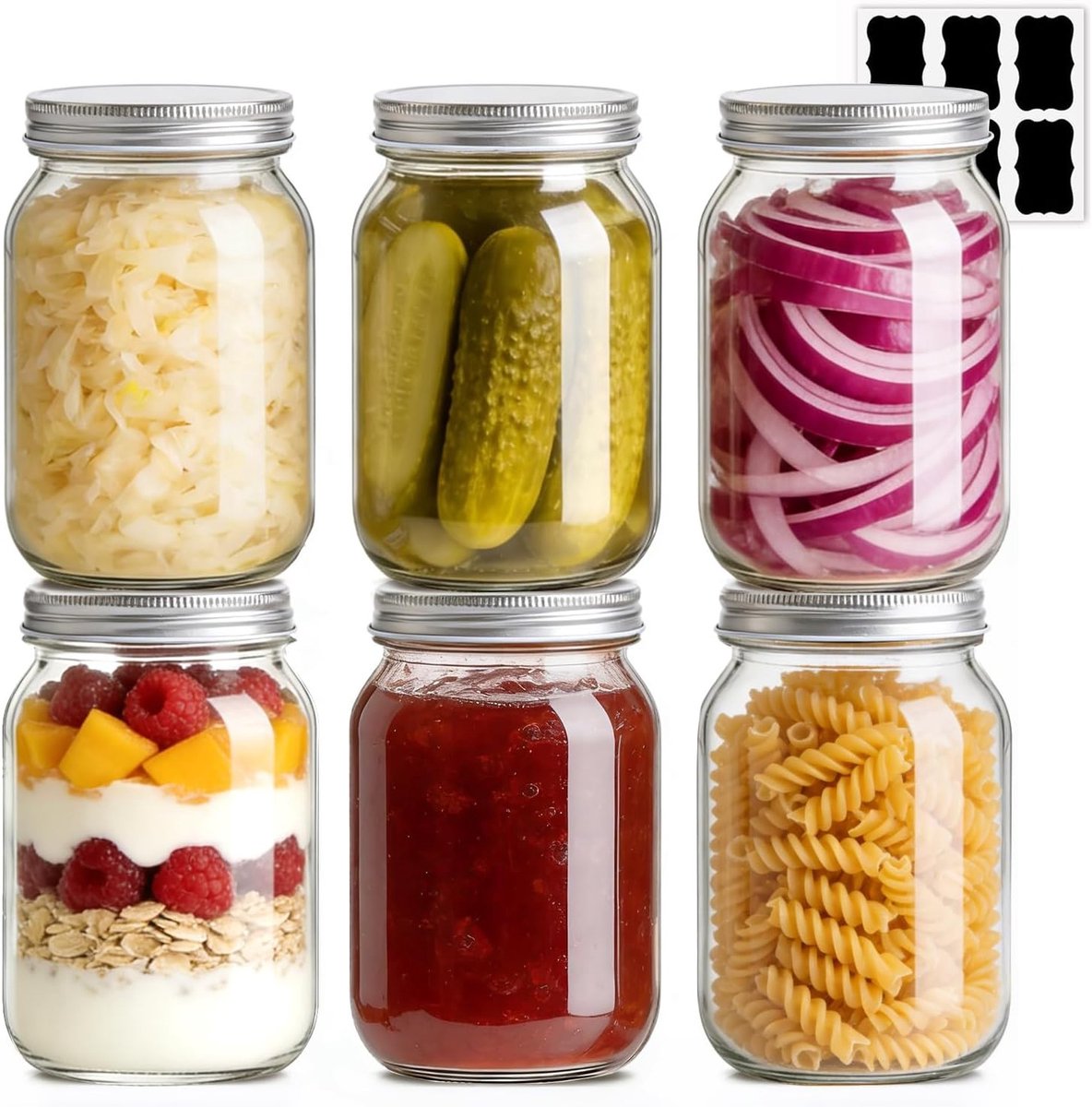 Mason Potten met Deksel 950ml - Set van 6 Inmaakpotten voor Jam, Fermenteren en Bewaren van Voedsel, Ideaal voor Thuis Koks