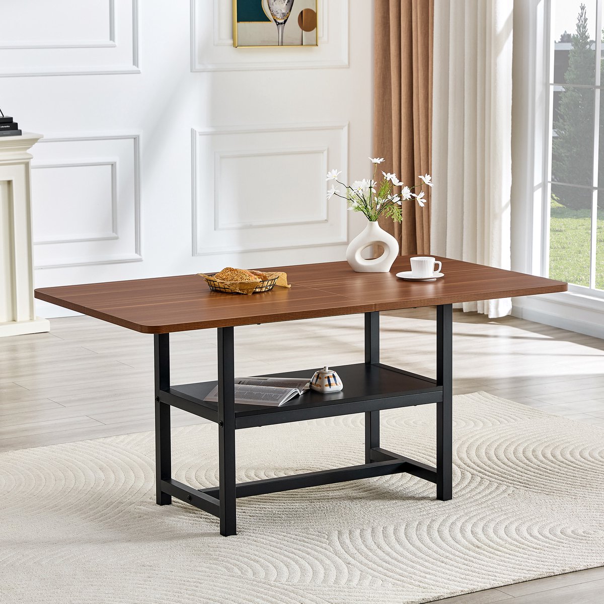 FloraGrace Eettafel - Rechthoekig Industrieel Design Met Opbergplank - Voor Keuken En Eethoek - MDF En Metaal - 160x90x76 Cm - Zwart Walnoot