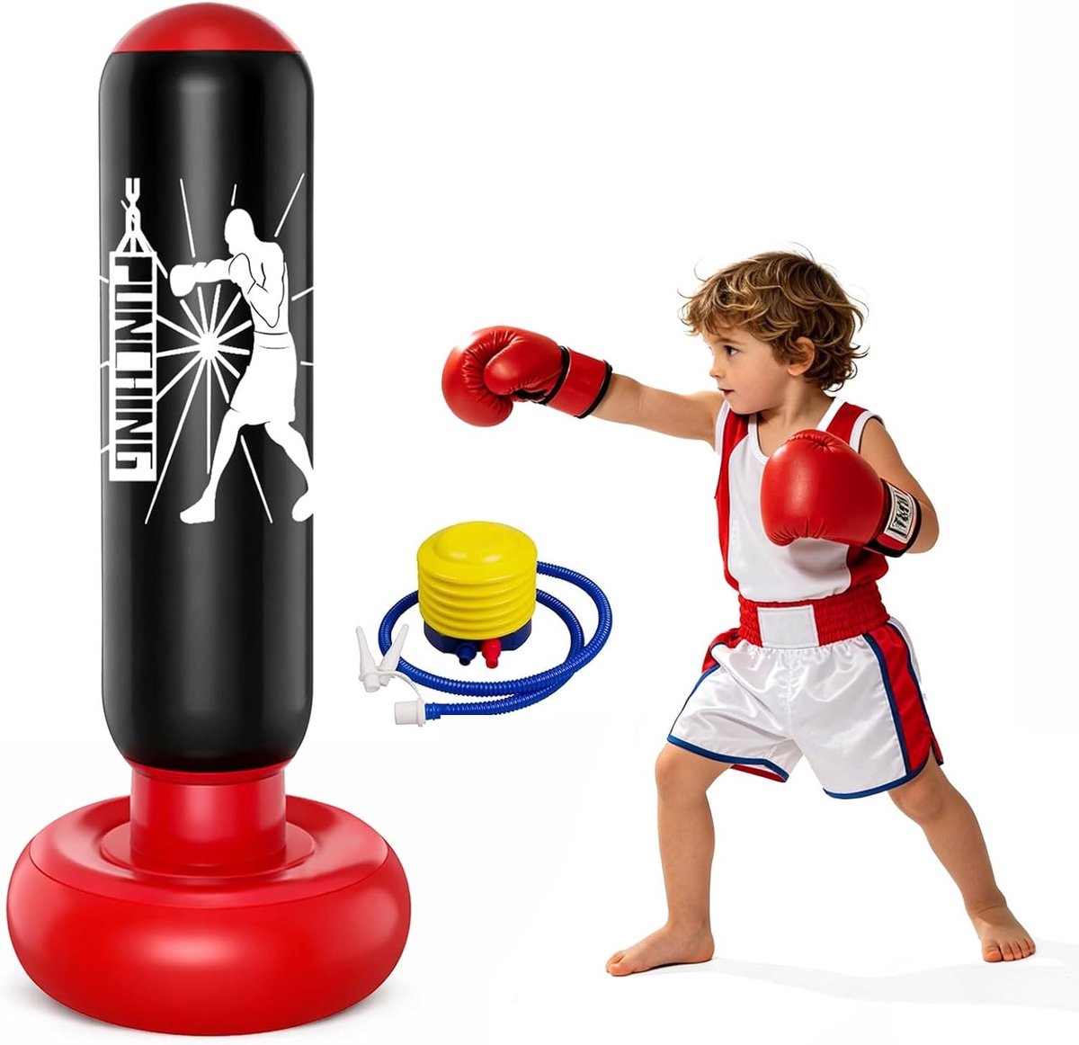 Bokszak voor kinderen 160 cm - Staande opblaasbare bokszak met voetpomp, ideaal voor karate, kickboksen en MMA training (zwart)
