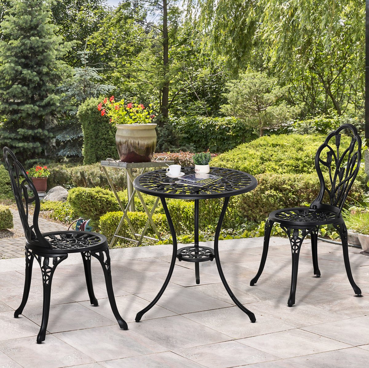 OKWISH Bistroset 3-Delig Voor 2 Personen - Ronde Tafel Met 2 Stoelen En Parasolgat - Voor Tuin En Balkon - Aluminium - Zwart