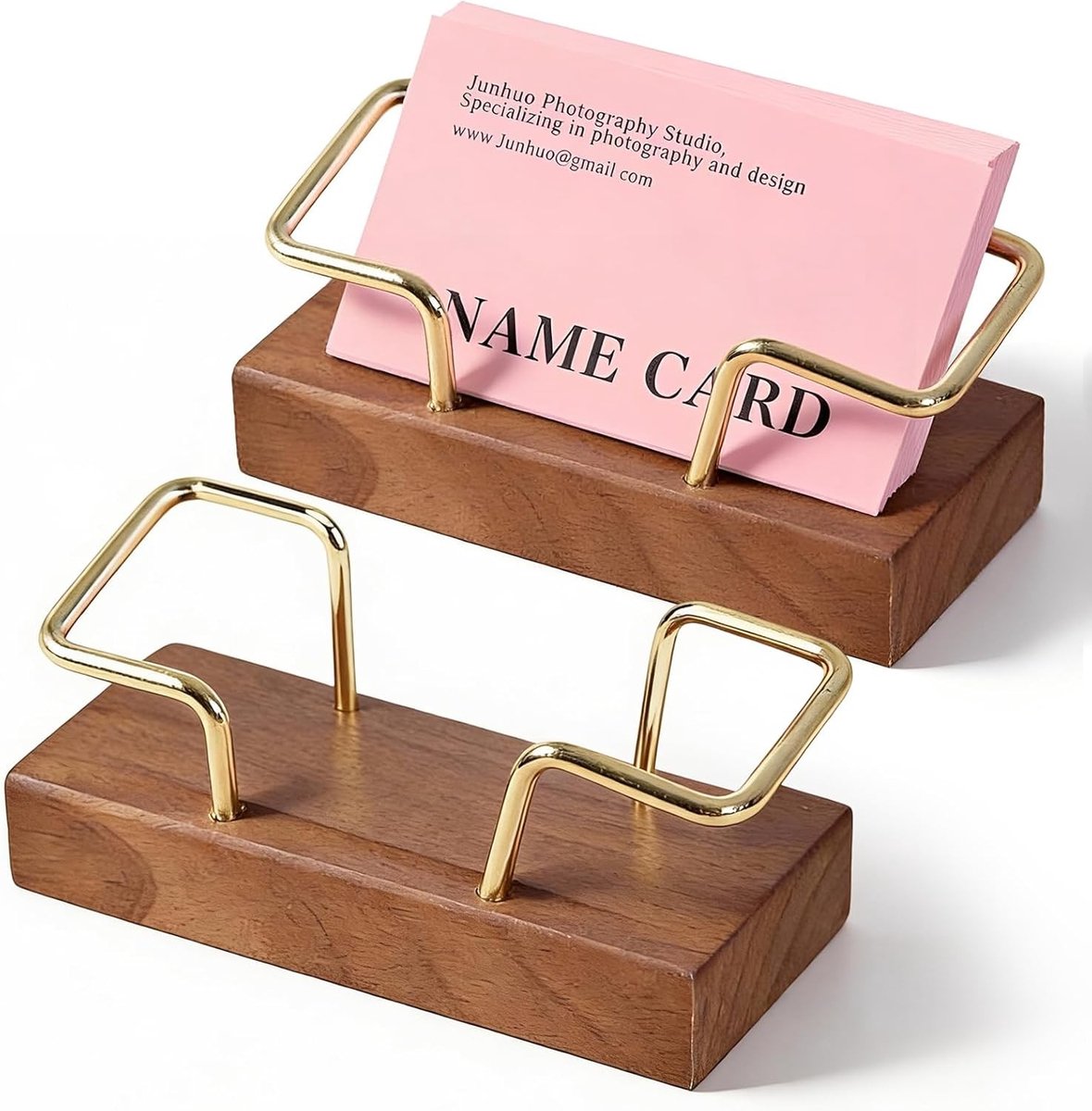 Elegante houten visitekaartjeshouder van walnoothout en messing, 2 stuks voor bureau en beursstand, perfect voor professioneel gebruik en netwerken