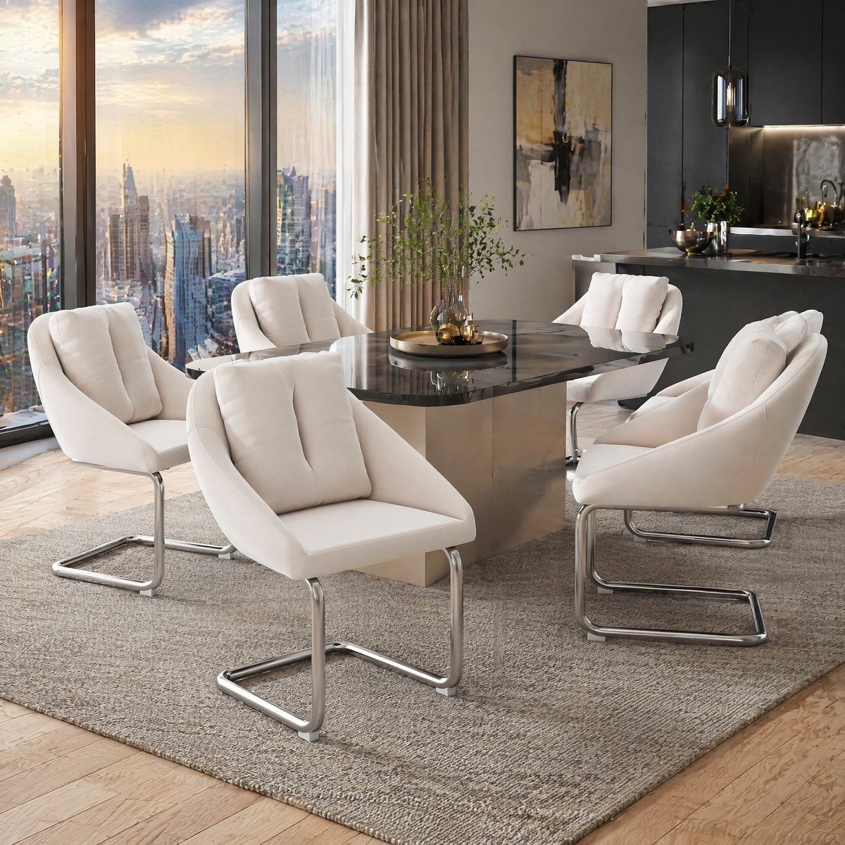 FloraGrace Eetkamerstoel – Set Van 6 Met Armleuningen En Kussen – Ergonomisch Comfort Voor Eetkamer, Woonkamer Of Slaapkamer – Velvet – Beige