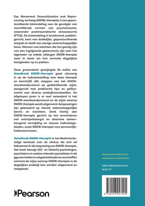 Achterkant boek "Handboek EMDR Therapie", 8e editie, met tekst en het Pearson logo.