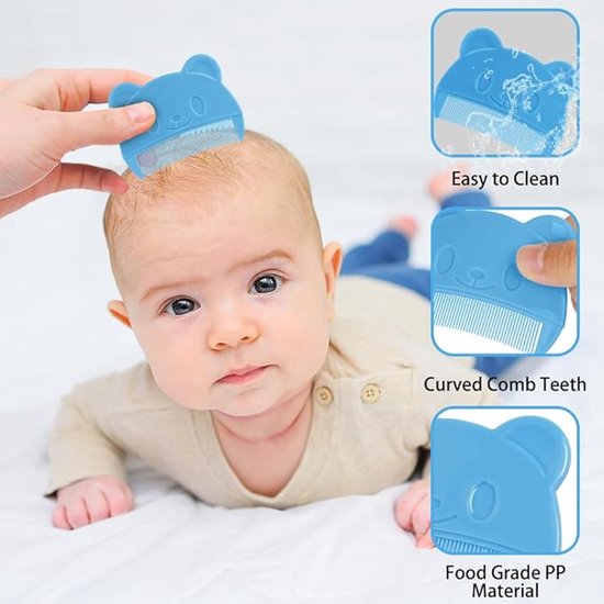 Blauwe babykam in de vorm van een beertje, met gebogen kamtanden en voedselveilige PP-materiaal.