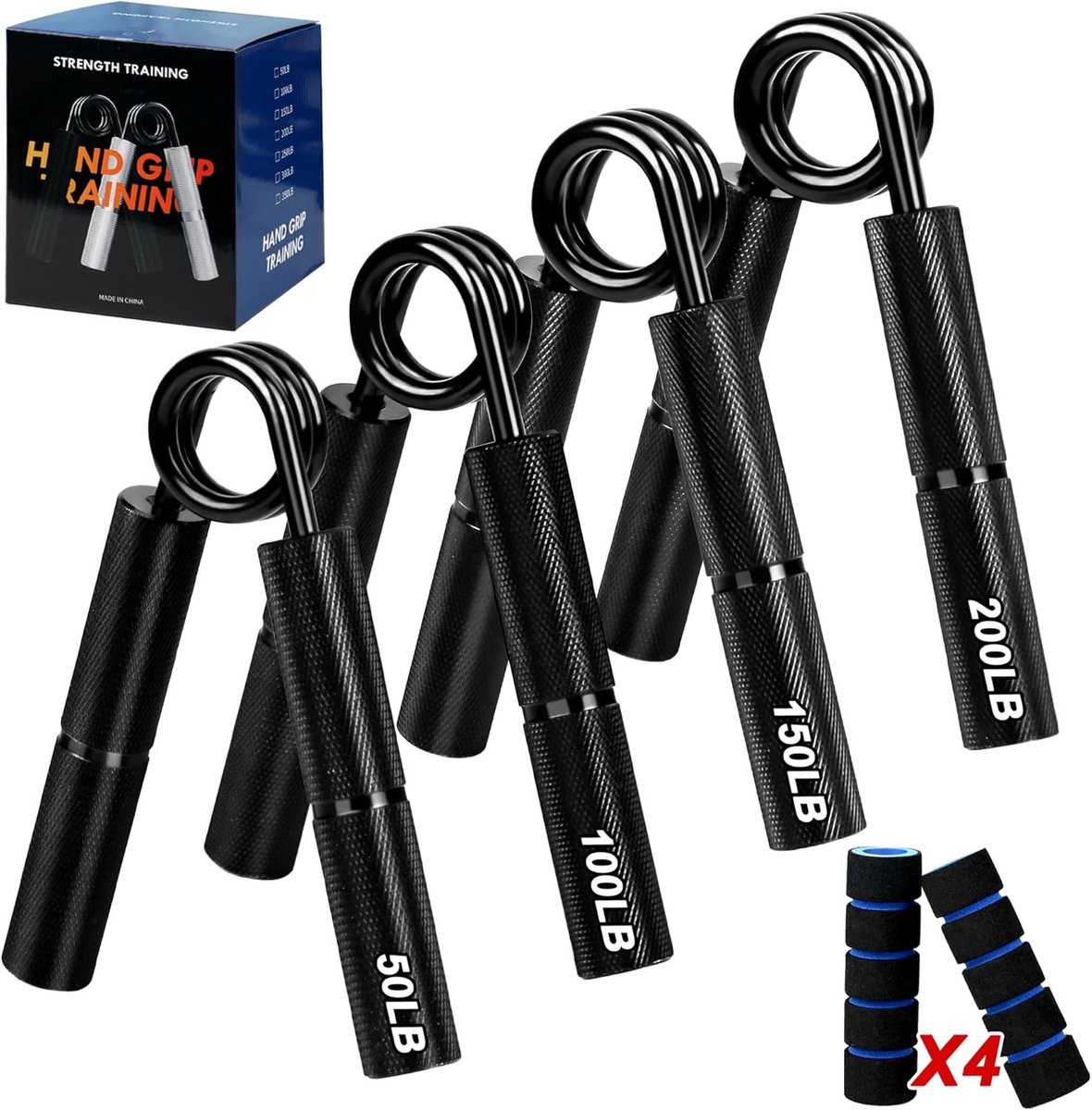 Gripkrachttrainer set van 4 (50/100/150/200 lbs) met antislip handgrepen voor spieropbouw en handrevalidatie, ideaal voor krachttraining en vingertraining