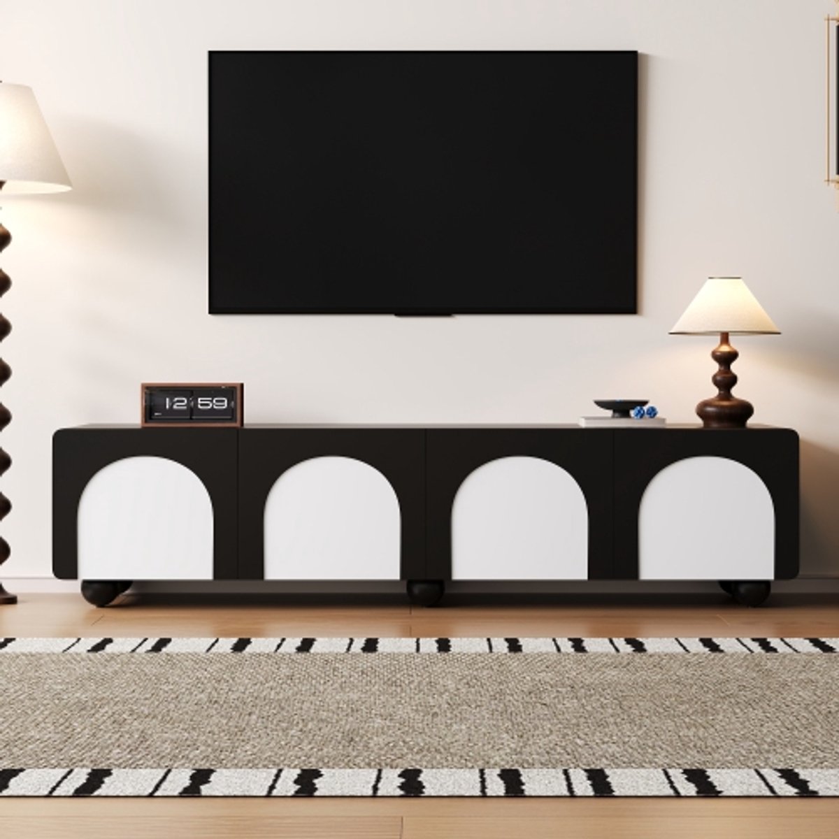 Zwart-Wit TV-Meubel 180 cm met Bogenfront – Modern Lowboard met 2 Laden en 2 Deuren – Mat Zwart en Wit