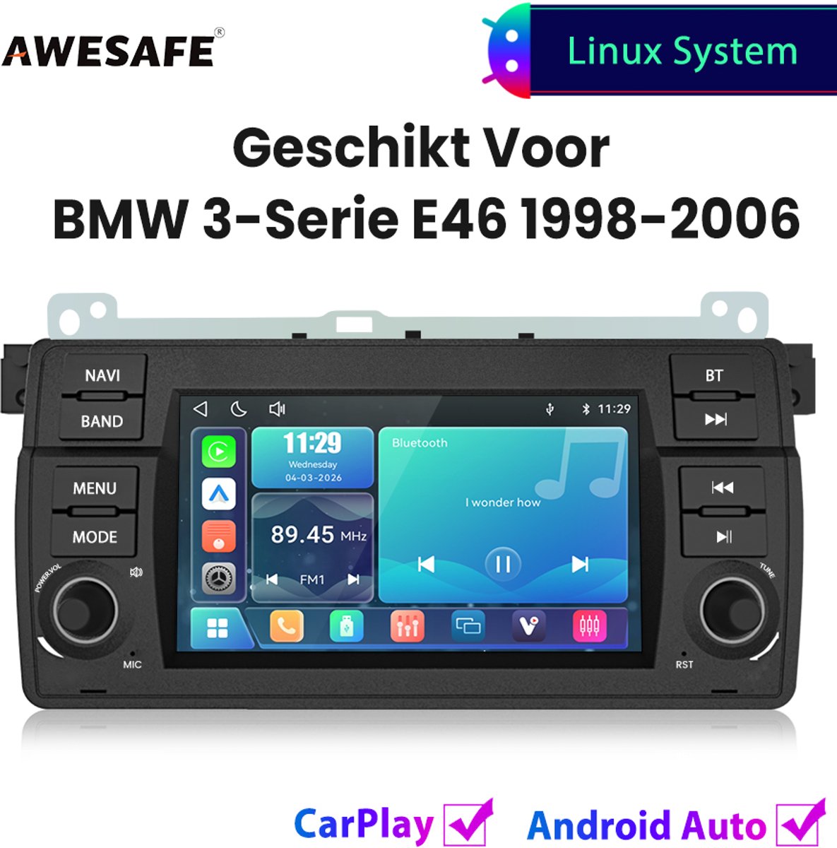 Awesafe Autoradio - Geschikt Voor BMW 3-Serie E46 1998 t/m 2006 - Draadloos Carplay Android Auto - Linux systeem - Touchscreen - Bluetooth Wifi - 1998 1999 2000 2001 2002 2003 2004 2005 2006