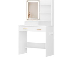 Kaptafel met LED-verlichting, 2 stopcontacten en 2 USB-poorten, met 2 lades en 4 open compartimenten, opbergvak, voor slaapkamer, woonkamer, badkamer, moderne stijl