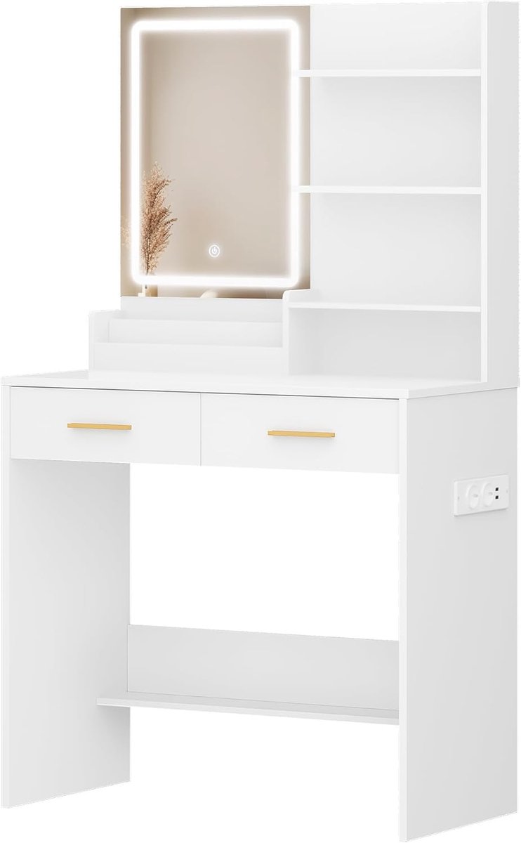 Kaptafel met LED-verlichting, 2 stopcontacten en 2 USB-poorten, met 2 lades en 4 open compartimenten, opbergvak, voor slaapkamer, woonkamer, badkamer, moderne stijl