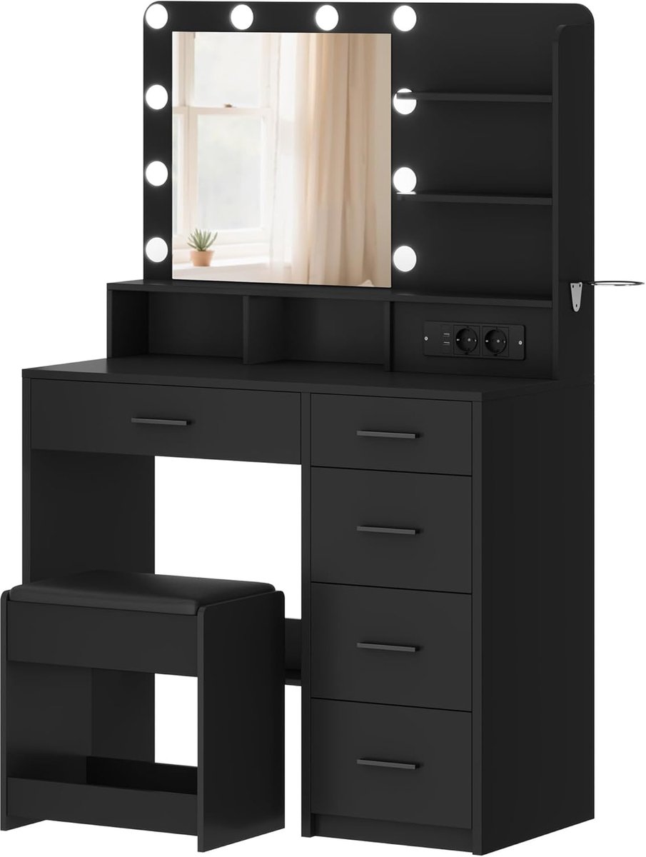 Hzuaneri kaptafel met 10 LED-bollampen, 3 lichtkleuren, stopcontact en grote spiegel, inclusief krukje en föhnhouder, meerdere lades, zwart, 40 x 90 x 139 cm