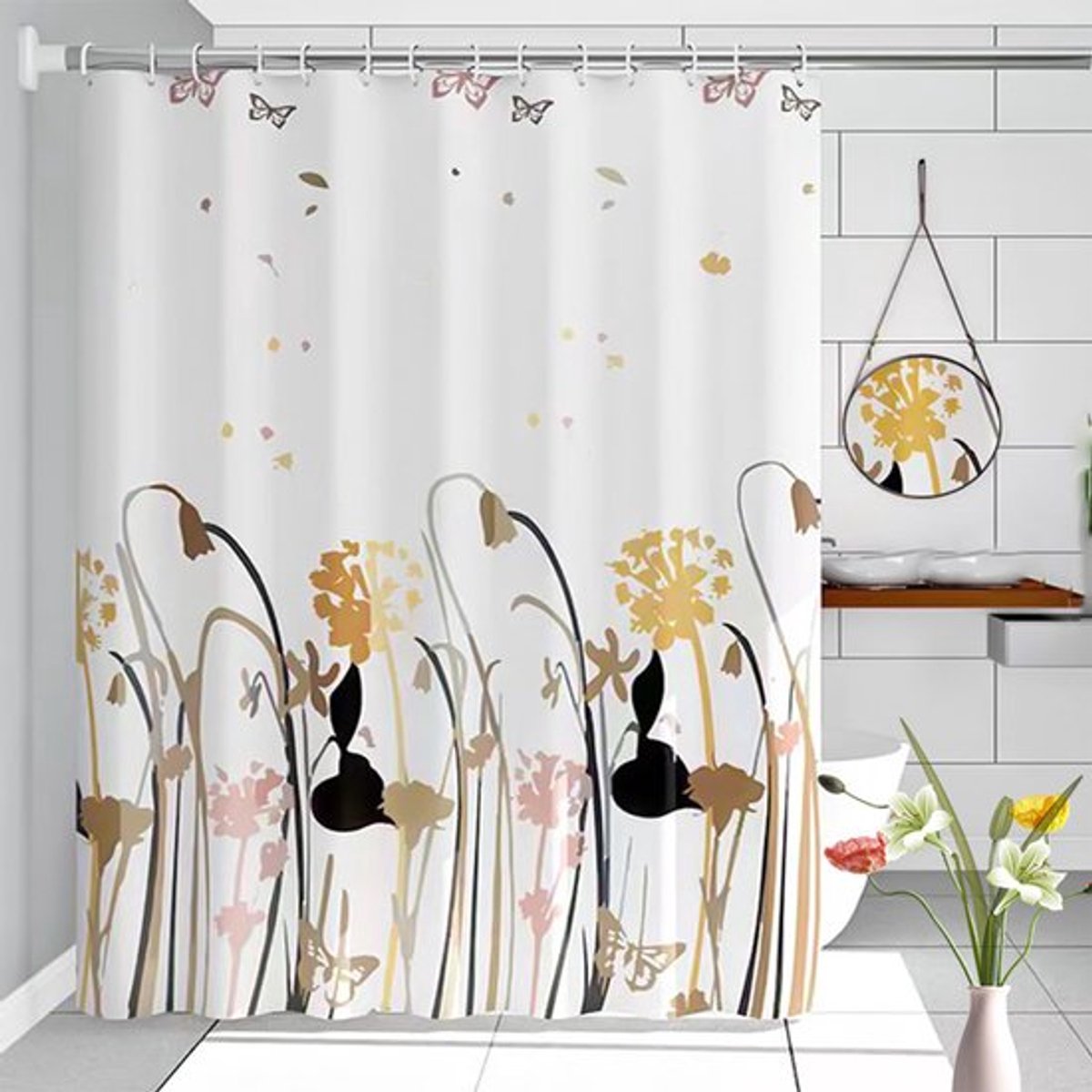 Bloemen Douchegordijn met 6 Haakjes Douchegordijn Waterdicht 100 x 200 cm Anti-Schimmel Douchegordijn PEVA Douchegordijn met Oogjes en Douchegordijnringen voor Badkamer