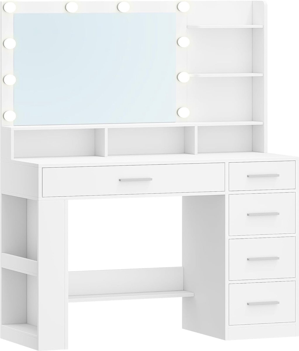 Hzuaneri Kaptafel met Grote Hd-Spiegel, Kaptafel met Led-Licht, 6 Open Compartimenten, 5 Lades En Open Opbergruimte Aan De Zijkant, Slaapkamerkleedkamer, Eenvoudig, 40 x 108 x 138 cm, Wit